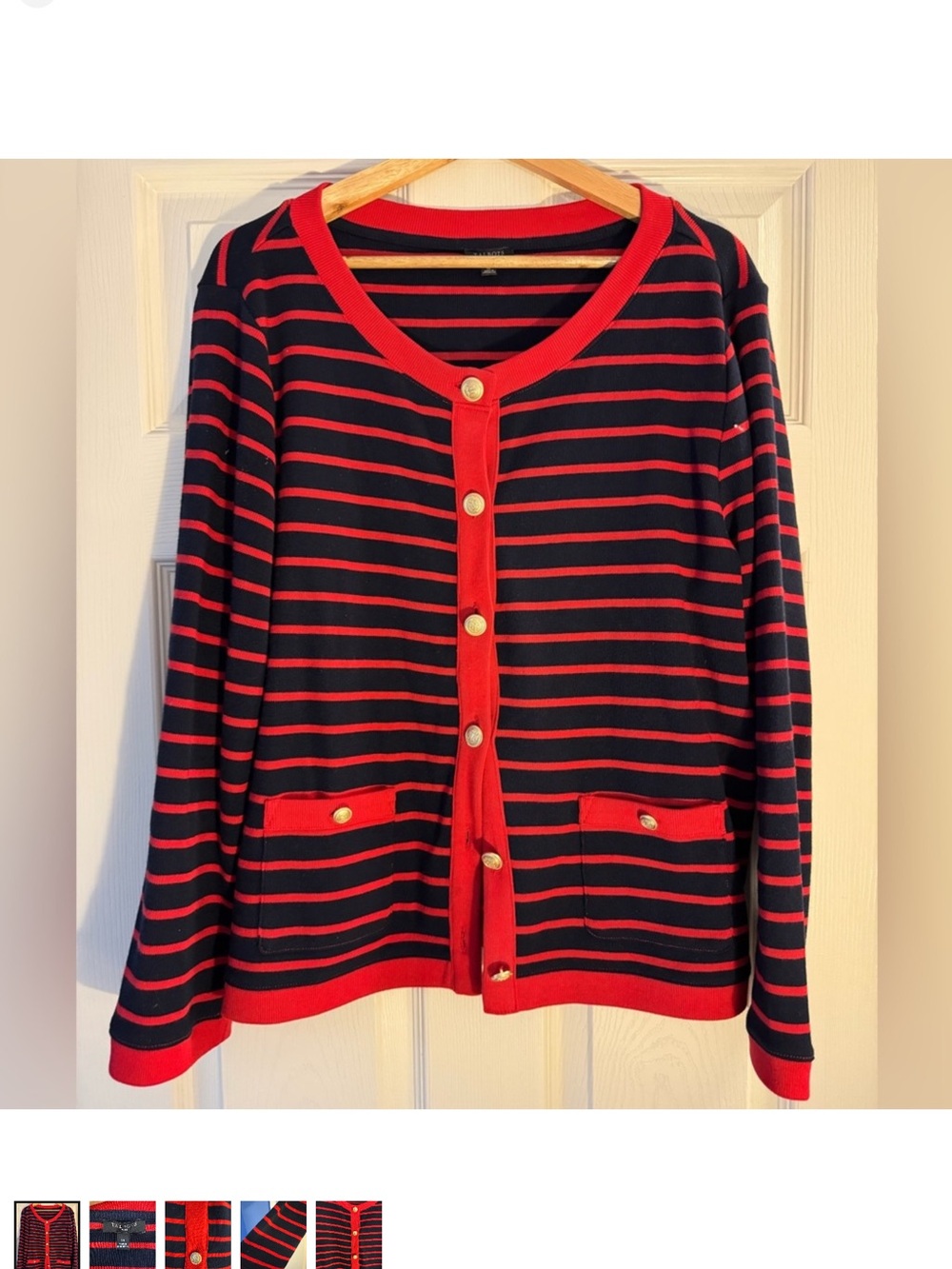 Talbots Navy and Red Striped Cardigan with Gold Buttons